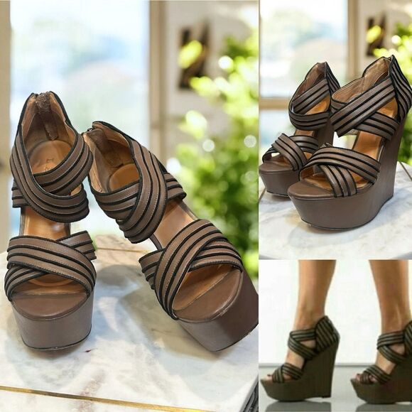 L.A.M.B. Y2K 90s Bernadette Leather Sandals Wedges Heels Size 7.5 - Picture 1 of 15